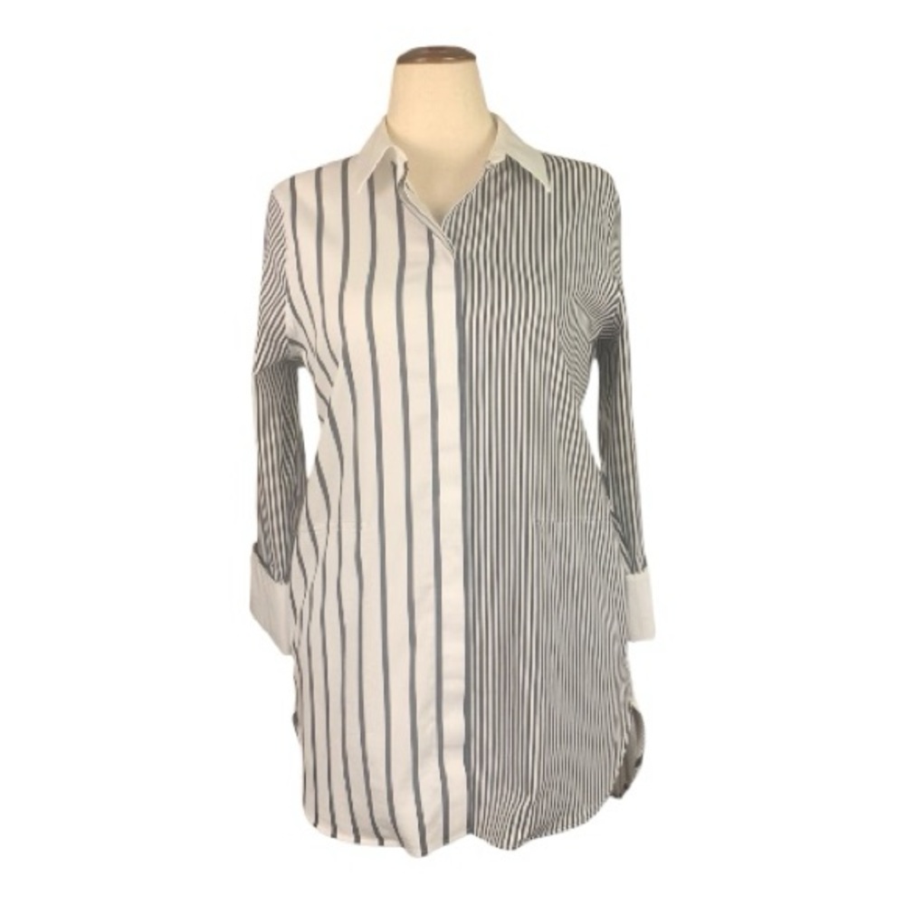 Chico's No Iron Chic Stretch Stripe Button Up Tunic Blouse Color Block Size 0